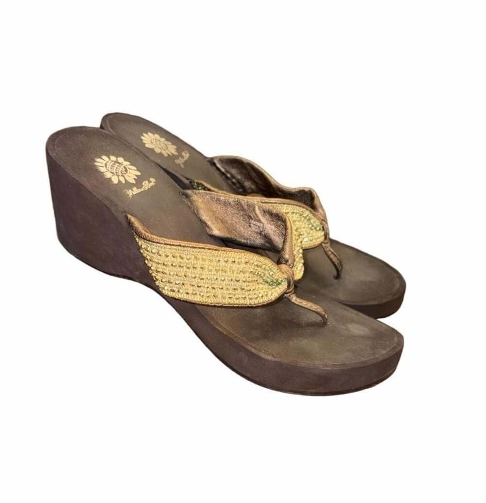 Yellow Box 7.5 Bronze Rhinestone Wedge Flip Flops Y2K Bling Sandals